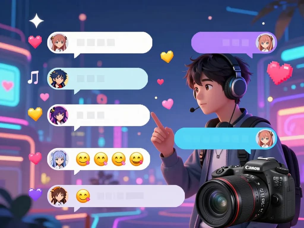 A young adult engaging in hentai ai chat with a friendly anime character, filled with vibrant digital elements and colorful visuals.