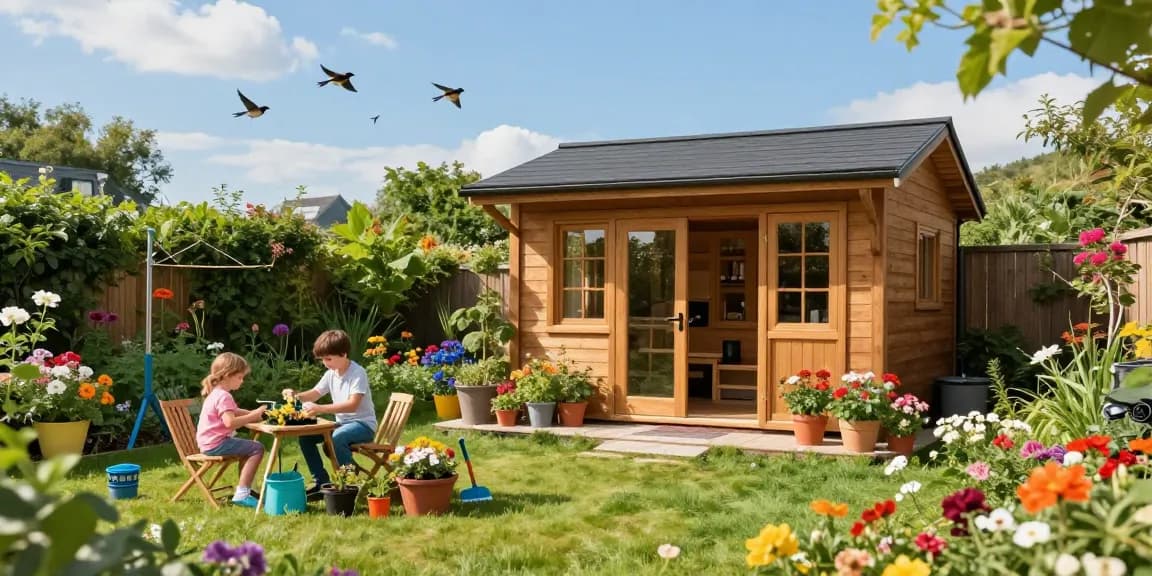 Wunderschönes Gartenhaus kaufen mit einer Familie, die in einem üppigen Garten arbeitet und sich entspannt.
