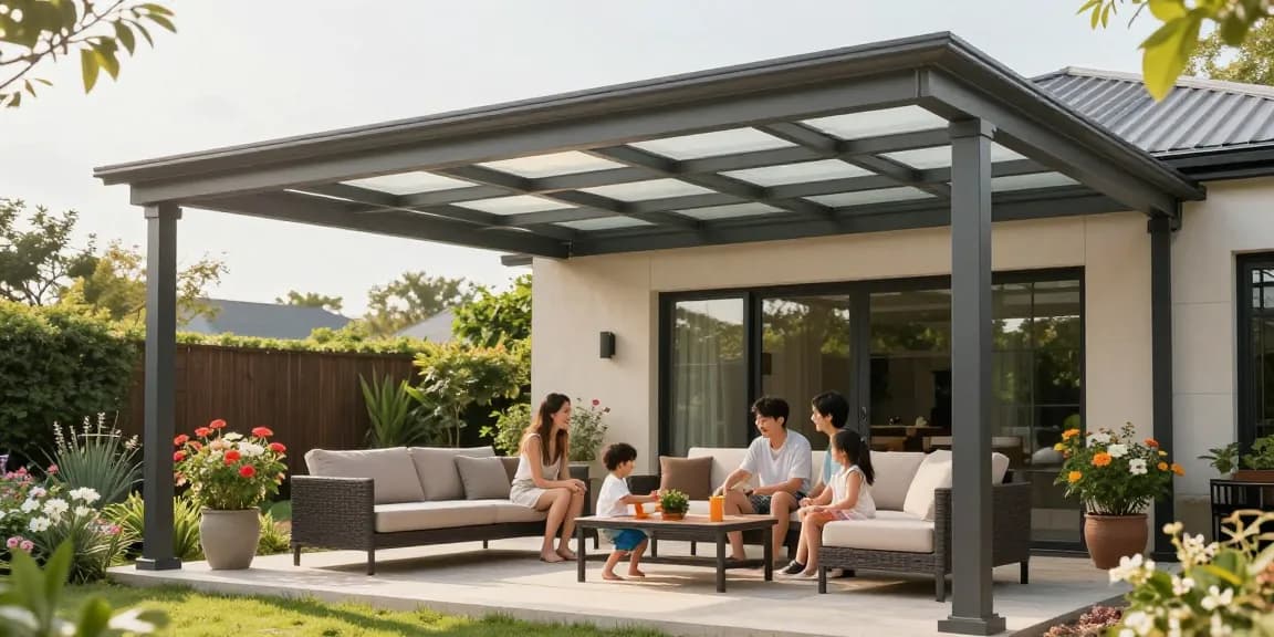 Moderne Terrassenüberdachung schützt die Familie vor Sonnenlicht im Garten.