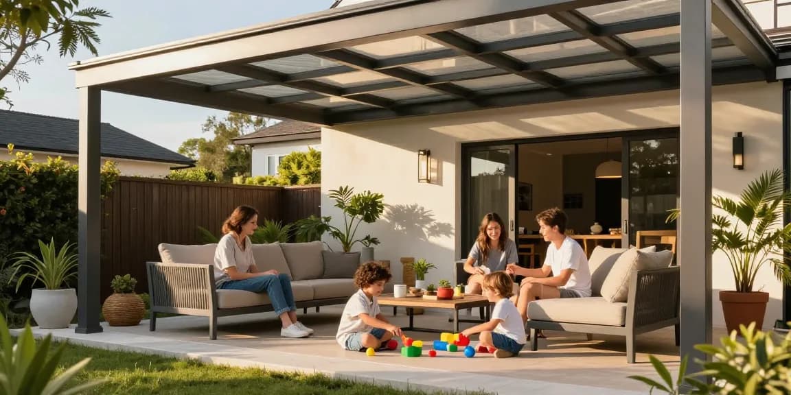 Familie entspannt unter einer modernen Terrassenüberdachung, die Sonnenlicht und Stil bietet.