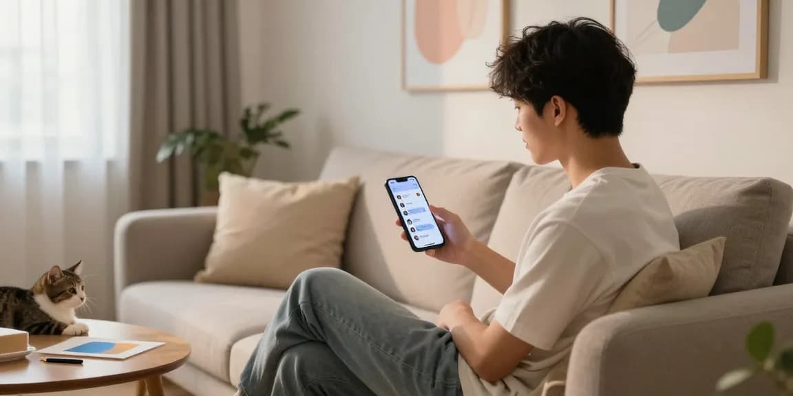 Engaging with nsfw ai chatbot on a smartphone in a cozy living room.