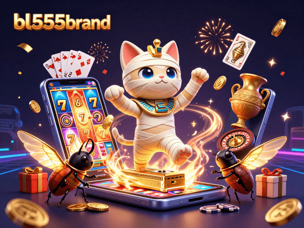 Engage with bl555brand's thrilling slot games as a vibrant mummy and scarab ignite celebration in a stunning casino.