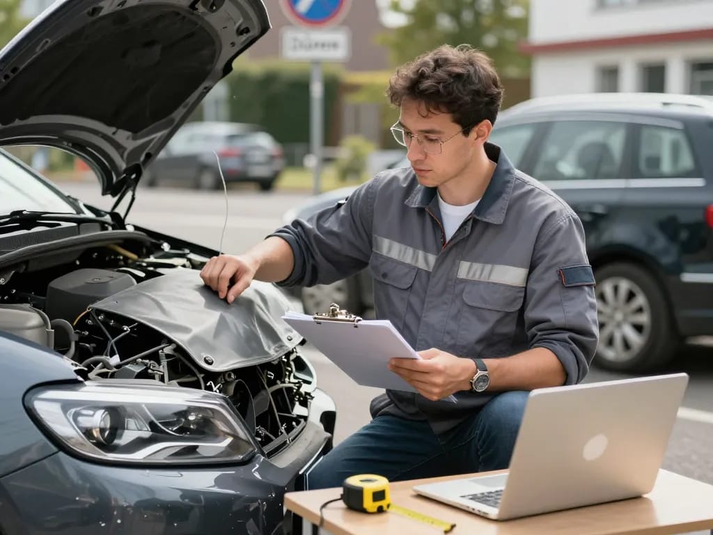 Kfz Sachverständiger Düren inspiziert ein Fahrzeug nach einem Unfall und betont Expertise und Professionalität in Fahrzeugbewertungen.