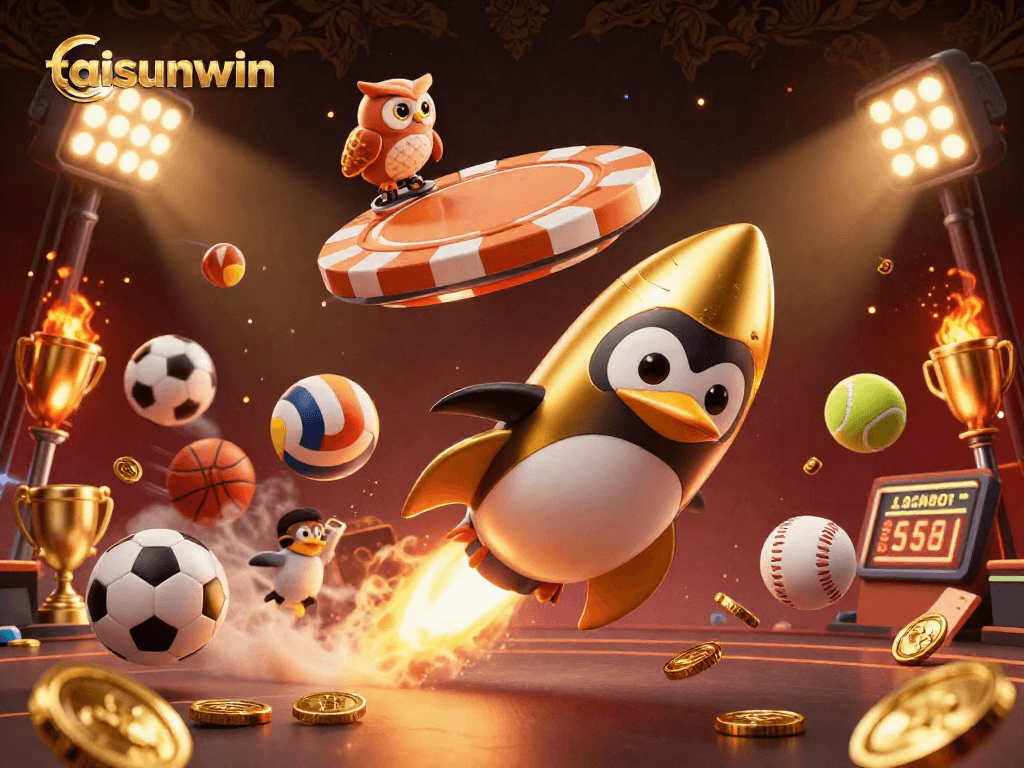 Engage with taisunwin in an exciting casino scene featuring a golden penguin and sports elements.