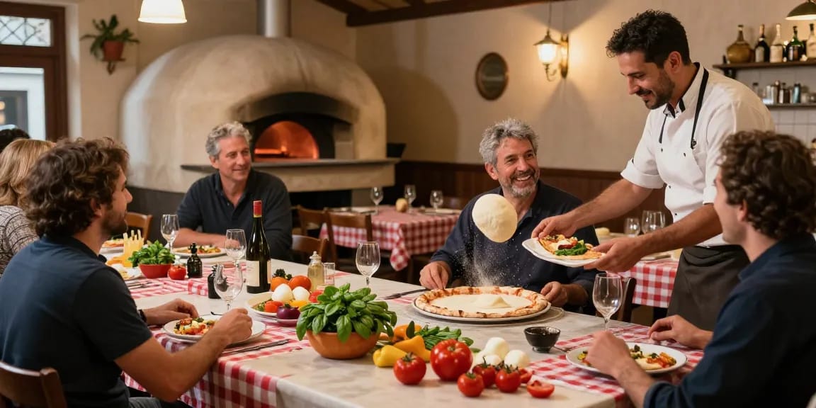 pg soft Italian dining experience at Pizzeria Madera with chef tossing pizza dough and fresh ingredients displayed.