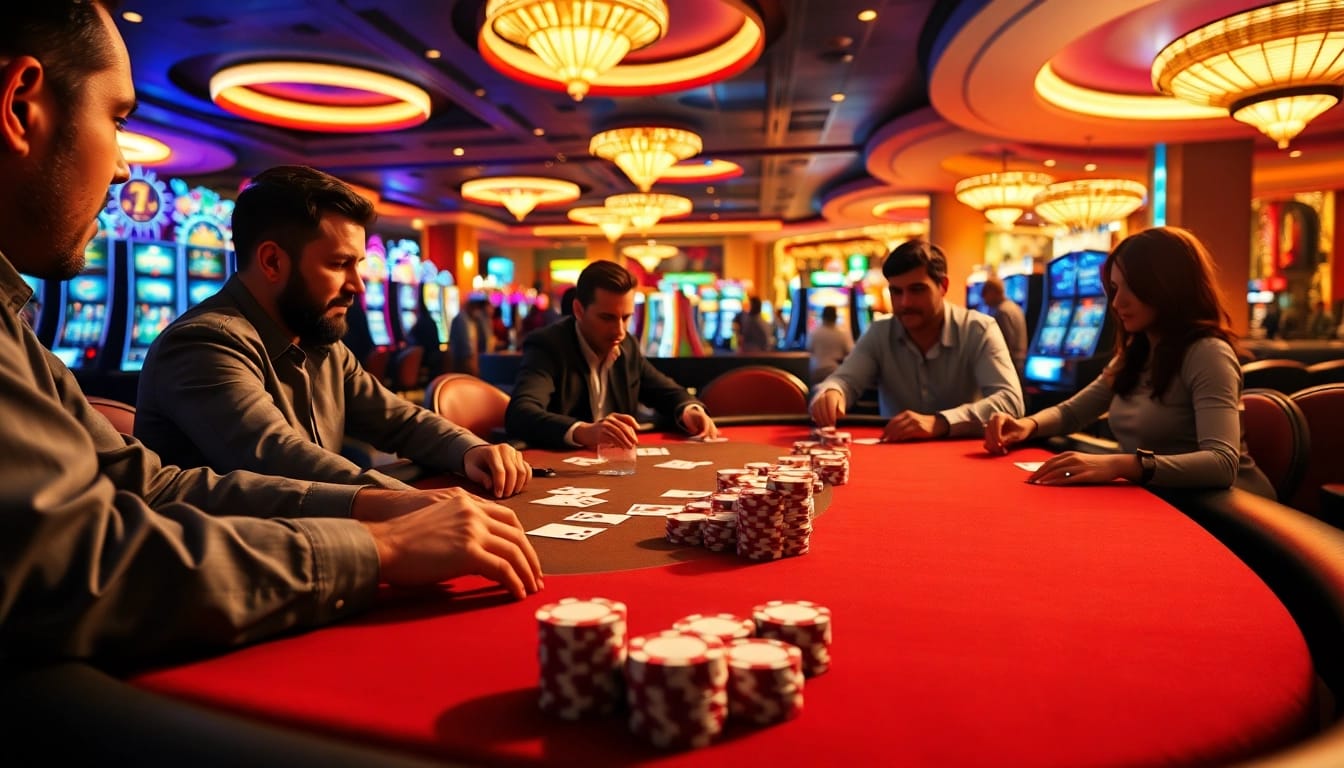 Spiele online casino spielen an einem lebhaften Pokertisch mit fokussierten Spielern.