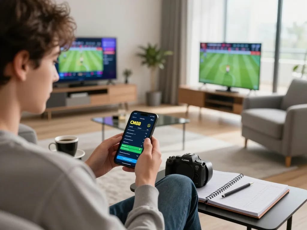 Person placing bets on CM88 app using smartphone in a cozy living room.