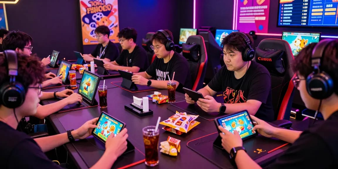 Engaged gamers enjoying online games at https://b52club.radio.fm/ with colorful screens and vibrant atmosphere.