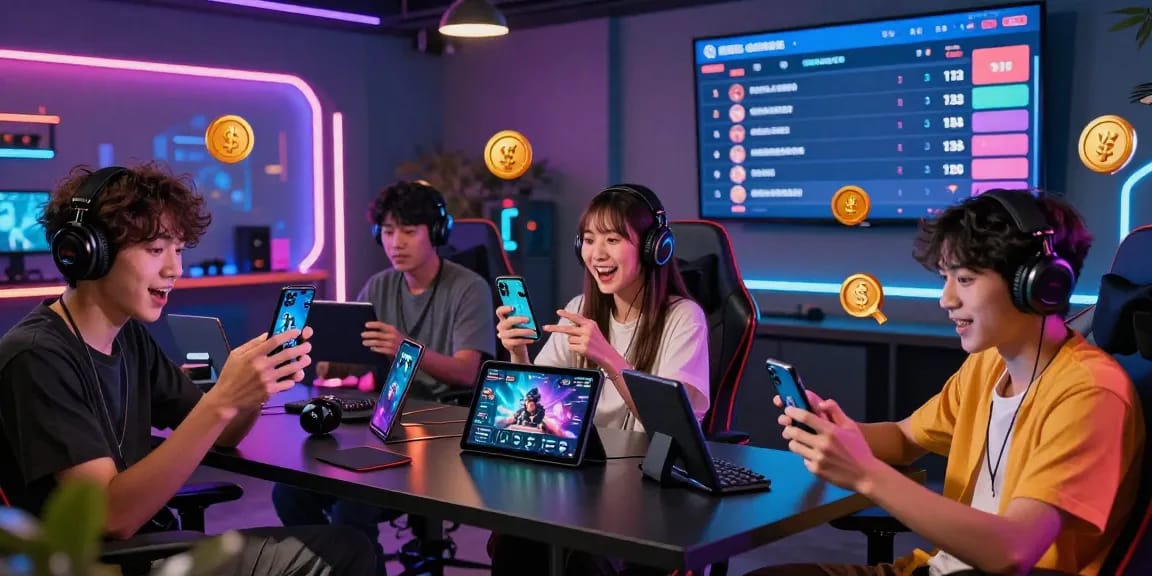Engaged players at https://gemwin.pics/ enjoying a vibrant online gaming experience in a modern digital lounge.