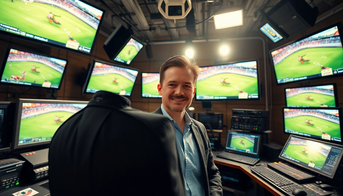 Sports Broadcasting in a modern studio showcasing a dynamic sports event analysis.