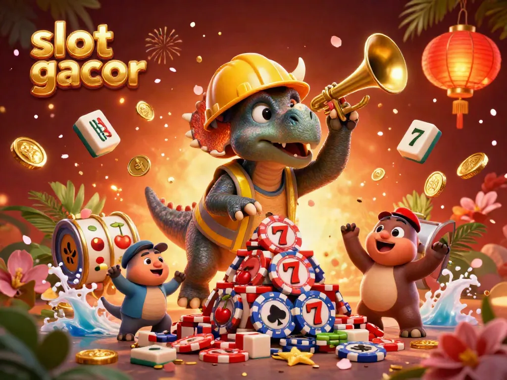 Engage in exciting slot gacor action with a triceratops building a poker chip pyramid!