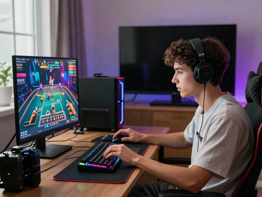 A young adult gaming enthusiast immersed in an online gaming session at home, showcasing da88 gaming setup.