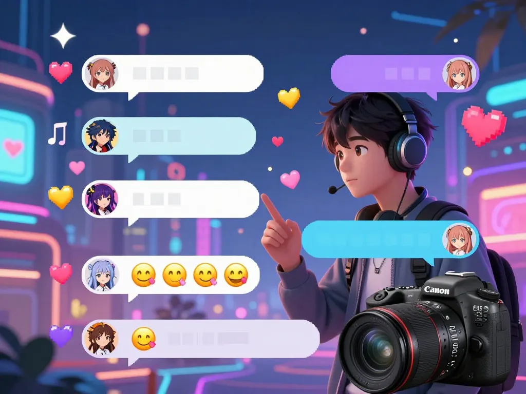 A young adult engaging in hentai ai chat with a friendly anime character, filled with vibrant digital elements and colorful visuals.