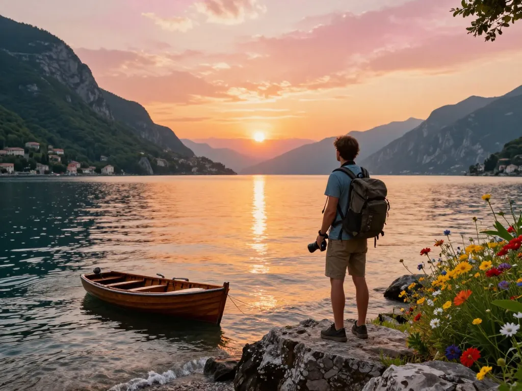 Reisender bei Sonnenuntergang am Gardasee, der Gardasee Reisetipps genießt, umgeben von malerischen Hügeln und Wasserreflexionen.