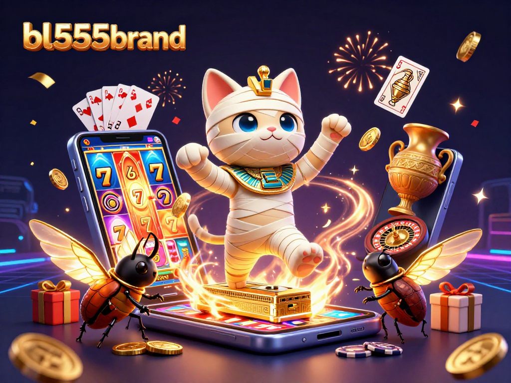 Engage with bl555brand's thrilling slot games as a vibrant mummy and scarab ignite celebration in a stunning casino.