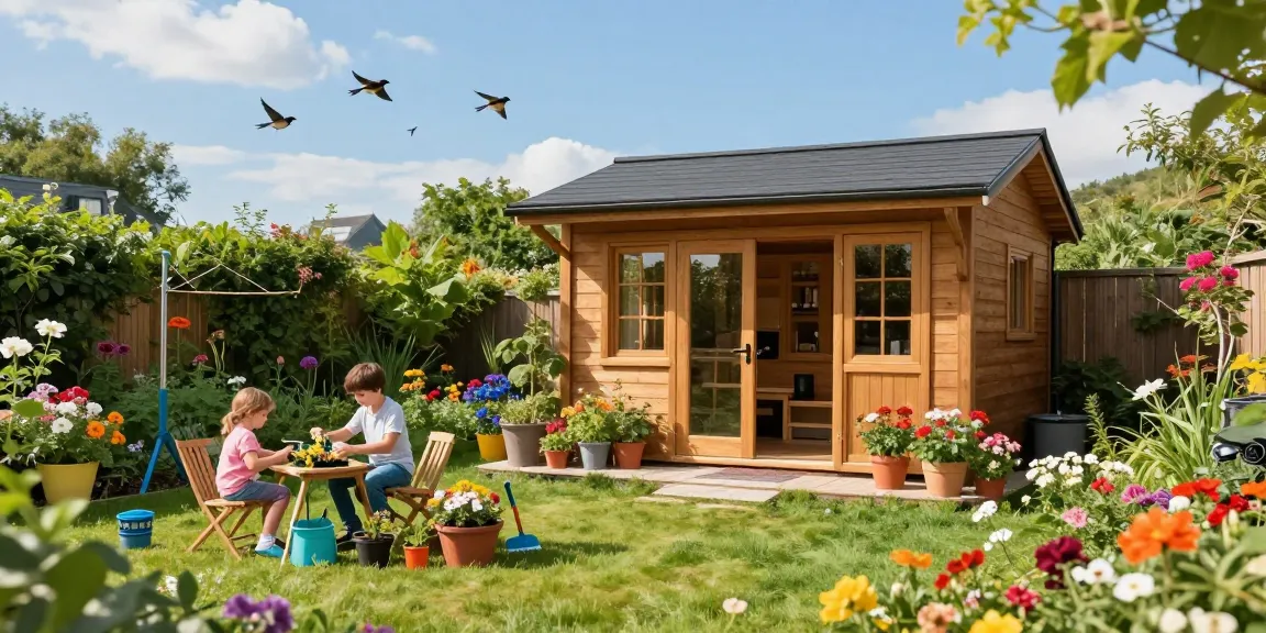 Wunderschönes Gartenhaus kaufen mit einer Familie, die in einem üppigen Garten arbeitet und sich entspannt.
