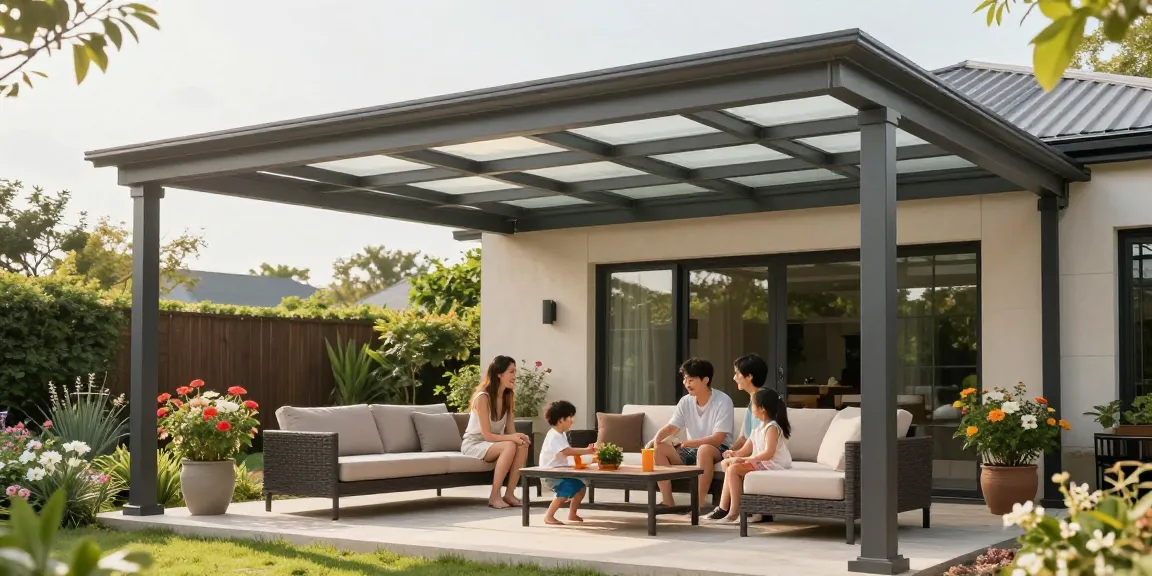 Moderne Terrassenüberdachung schützt die Familie vor Sonnenlicht im Garten.