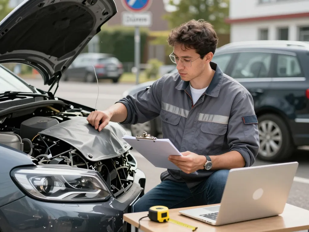 Kfz Sachverständiger Düren inspiziert ein Fahrzeug nach einem Unfall und betont Expertise und Professionalität in Fahrzeugbewertungen.