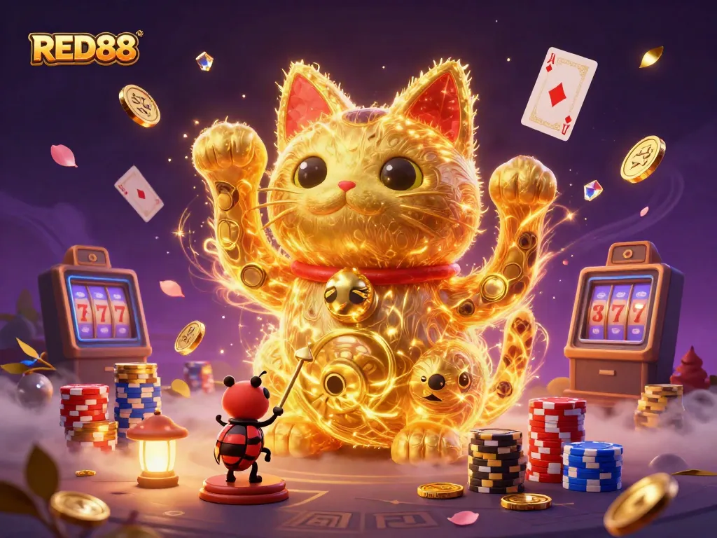 Experience the vibrant excitement of RED88 with a lucky cat and dazzling casino elements in a magical setting.