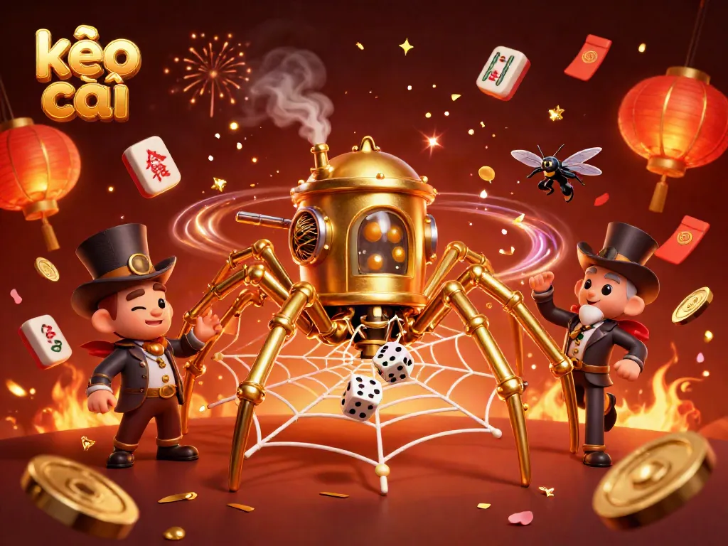 Engage with kèo nhà cái as a golden steampunk spider entraps unlucky dice in its web, surrounded by festive elements.
