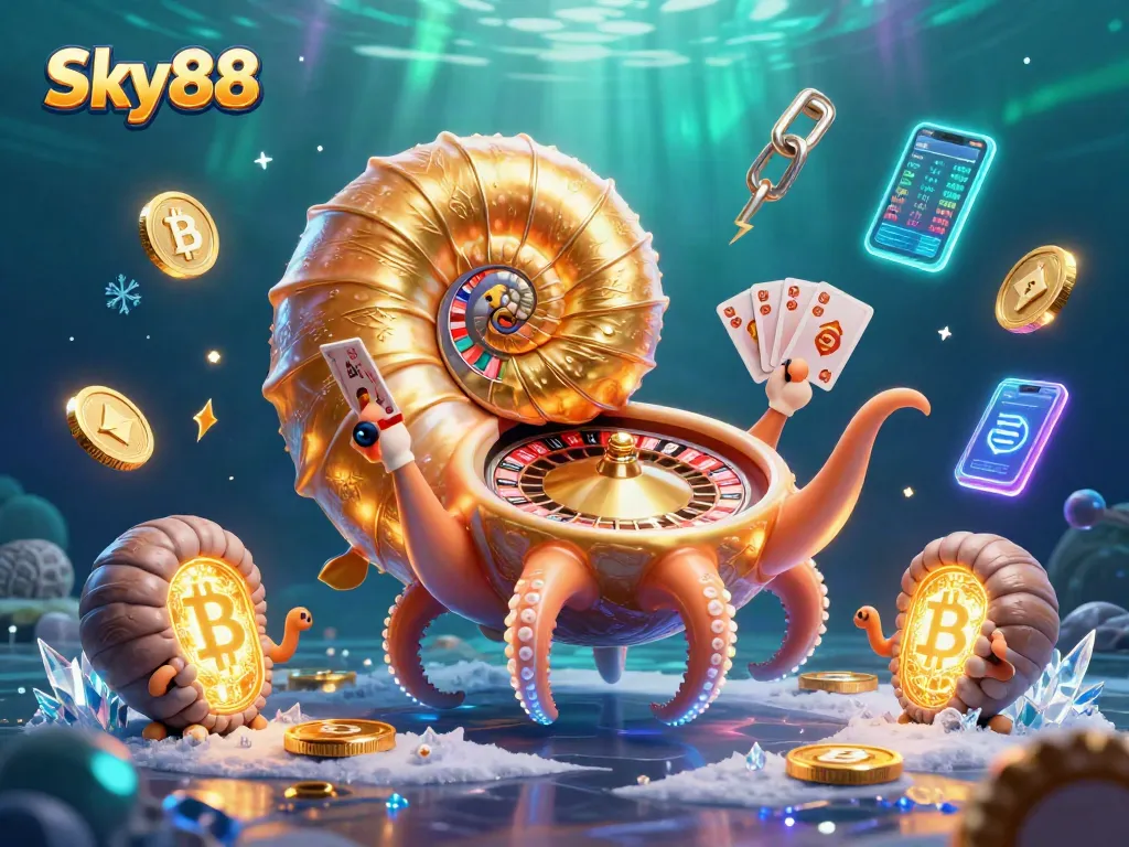 Sky88 showcases an ancient giant nautilus roulette wheel amidst glowing crypto coins, highlighting thrilling gaming.