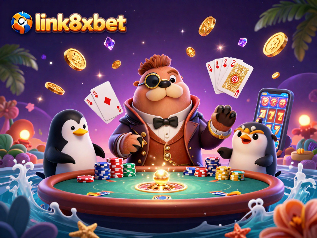 Experience the thrill of link8xbet with a vibrant underwater poker scene featuring a walrus and friends.
