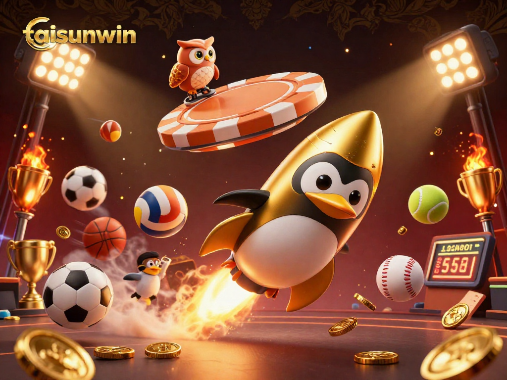 Engage with taisunwin in an exciting casino scene featuring a golden penguin and sports elements.