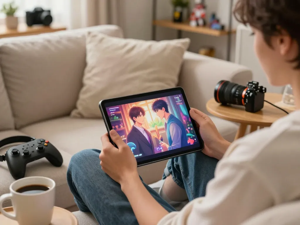 Enjoying a sex game online on a tablet in a cozy living room.