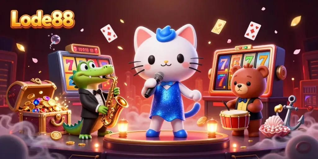Experience Lode88's vibrant casino atmosphere with cartoon characters enjoying slot games and treasure.