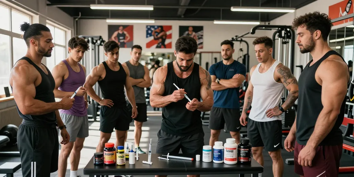 Anabolika Shop training scene with bodybuilders demonstrating safe steroid practices in a vibrant gym.