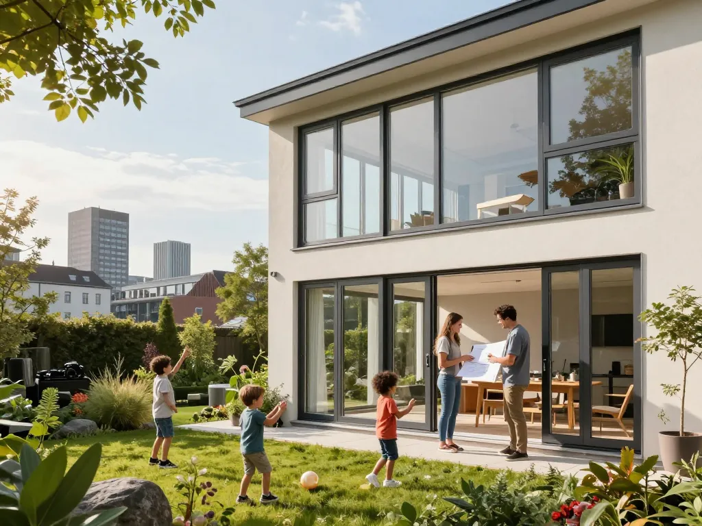 Stylisches Zuhause mit Fensterbau Düsseldorf, das große, energieeffiziente Fenster und einen lebhaften Familiengarten zeigt.