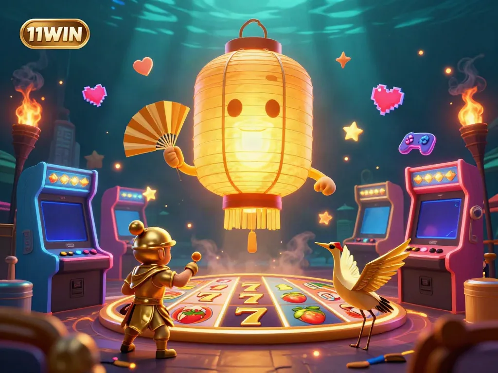 Experience thrilling casino adventures with 11WIN's enchanted atmosphere, featuring vibrant gaming symbols and golden companions.