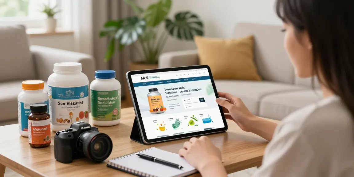 Medi Pharma Shop-Nutzer, der online Gesundheitspräparate in einem gemütlichen Wohnzimmer mit Pflanzen durchsieht.