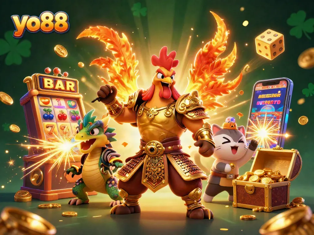 Experience the excitement of yo88 with vibrant characters and dynamic casino elements in this 3D illustration.