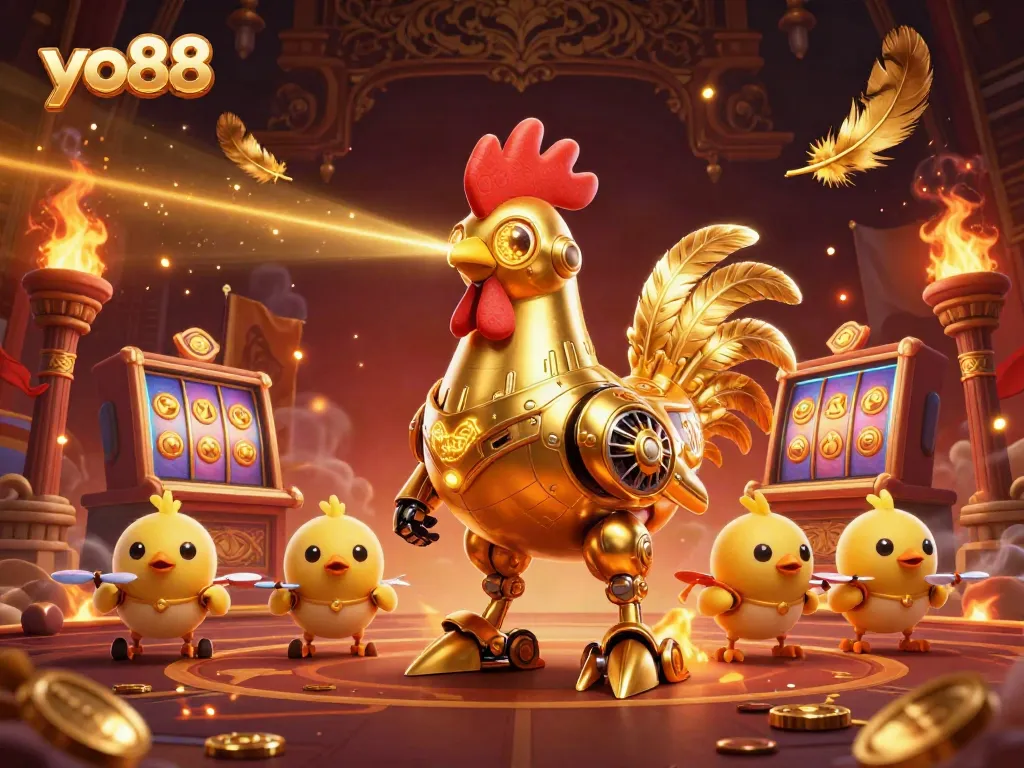 Engage with vibrant game action as yo88's golden rooster robot leads entertaining gameplay in a lively casino.