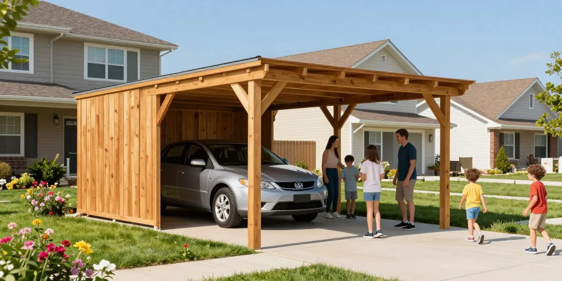 Schöner Carport, der ein Auto schützt, umgeben von Blumen und einer Familie, die spielt.
