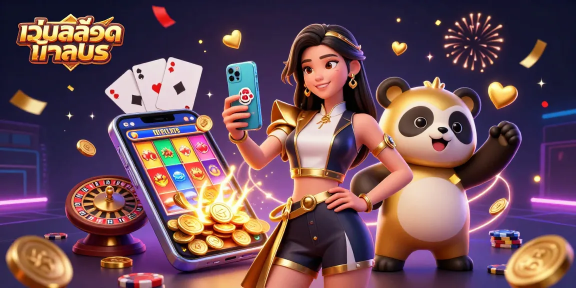 Spin colorful slot games with เว็บสล็อตทดลอง featuring an elegant woman and a playful panda.