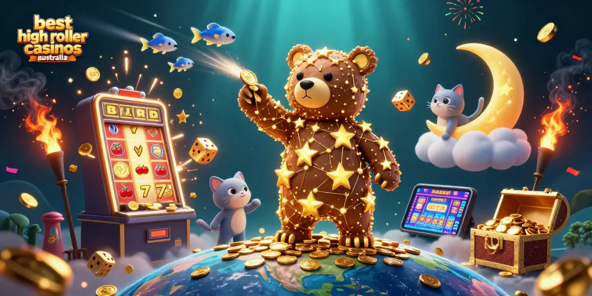 Win big at the best high roller casinos Australia with vibrant illustrations of slots and gaming.