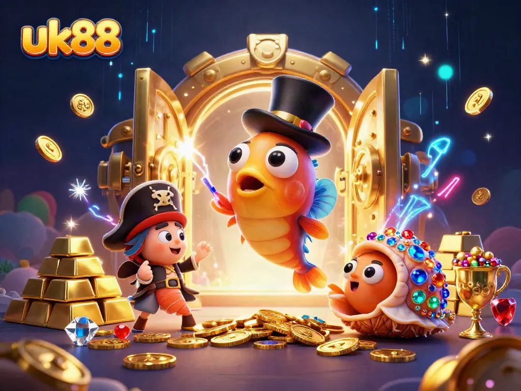 Experience the excitement of uk88 with a vibrant underwater casino scene filled with golden treasures and glowing characters.