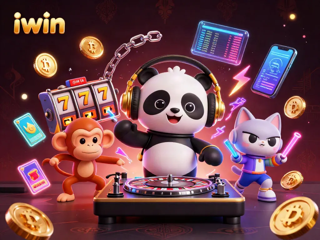 iwin slots scene with DJ panda and dancing monkey in a vibrant casino atmosphere
