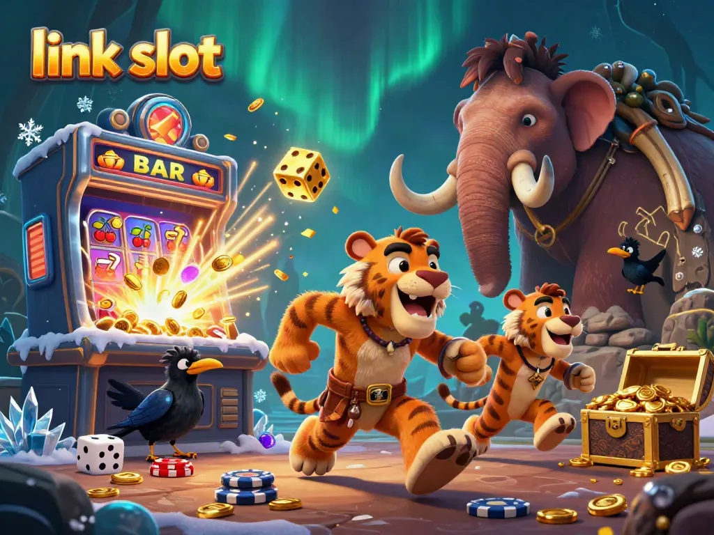 Play thrilling link slot games with dynamic visuals and captivating jackpots in this vibrant illustration.