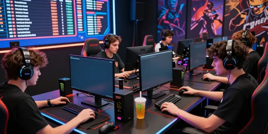 Engaging players at https://nbet.page/ immersed in an online gaming experience with vibrant lighting and digital displays.