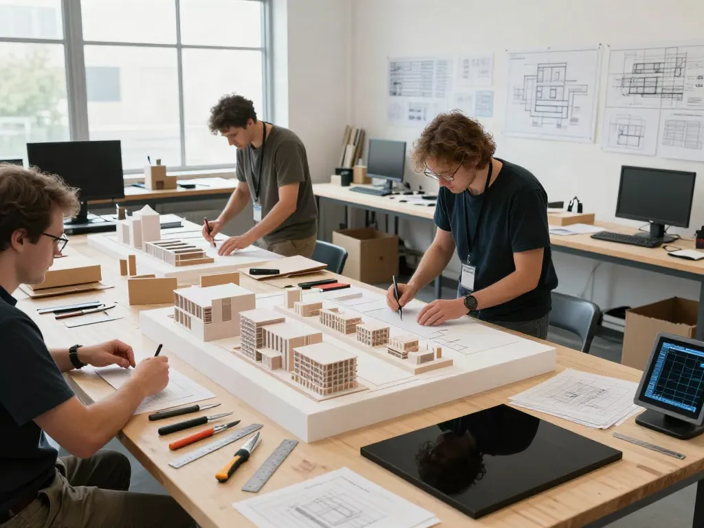 Architekturmodellbau Stuttgart: Präzise Modellbauer bei der Arbeit in einem modernen Atelier.