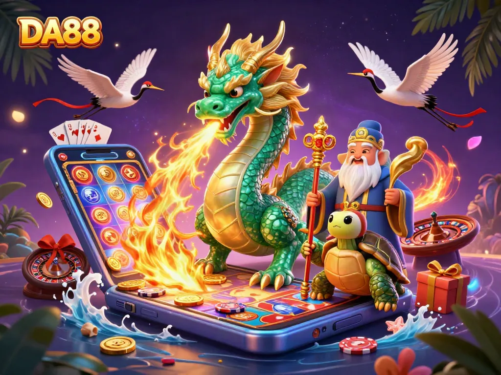 Engage with DA88's immersive gambling universe featuring an emerald dragon and exciting casino elements