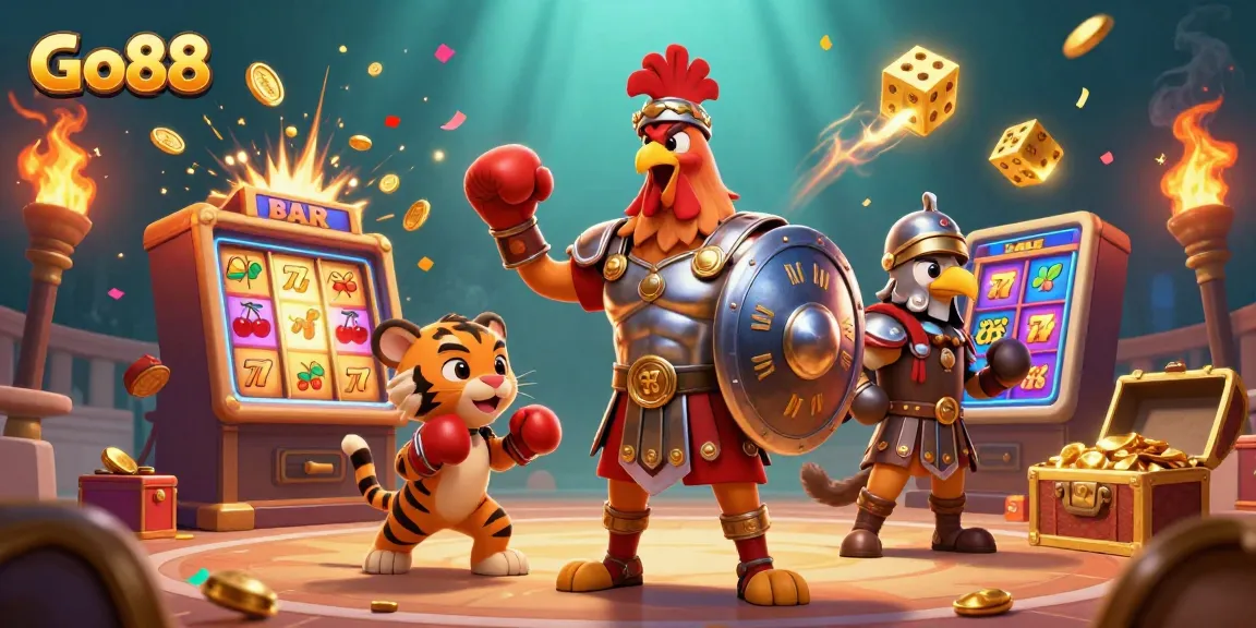 Experience Go88 with a thrilling scene featuring a gladiator rooster, tiger cub, and golden casino elements.