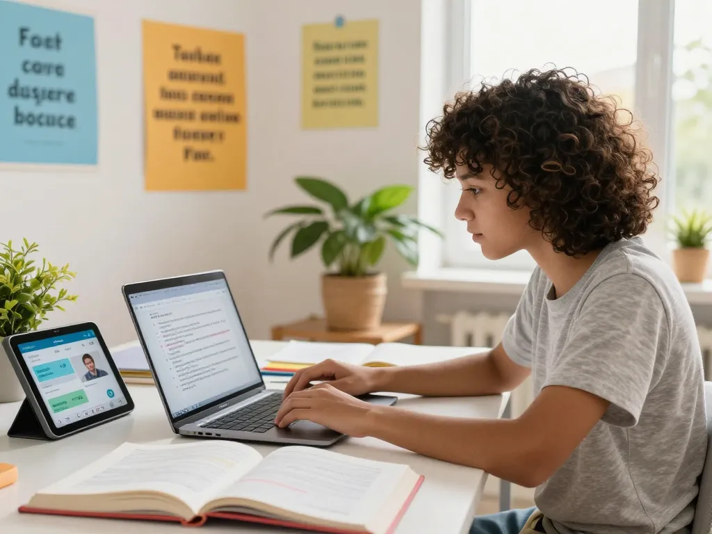 Student nutzt Hausaufgaben KI kostenlos in einem hellen Arbeitszimmer mit Lehrbüchern und Bildungswerkzeugen.