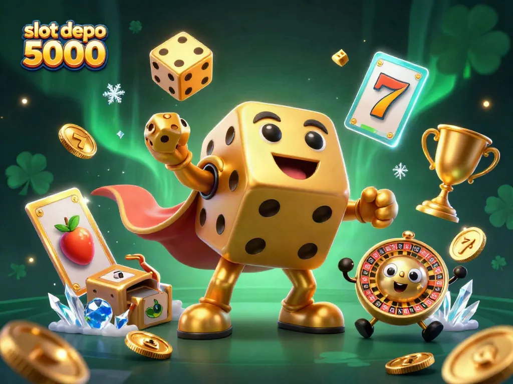 Experience the excitement of slot depo 5000 with dynamic golden dice and bouncing casino symbols in this vibrant illustration.