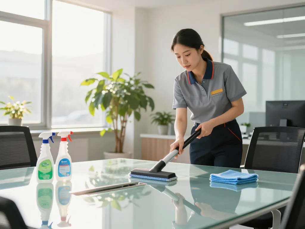 Professioneller Büroreiniger in Münster, der eine gründliche Reinigung für einen hygienischen Arbeitsplatz durchführt.