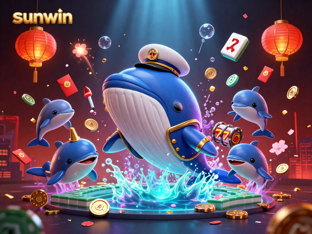 Engage with the sunwin casino as a whale captain breaching through coins and slot reels in a vibrant underwater scene.