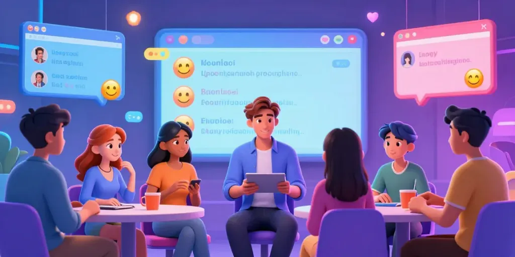 Engaging AI chat porn with diverse animated characters in vibrant digital space.
